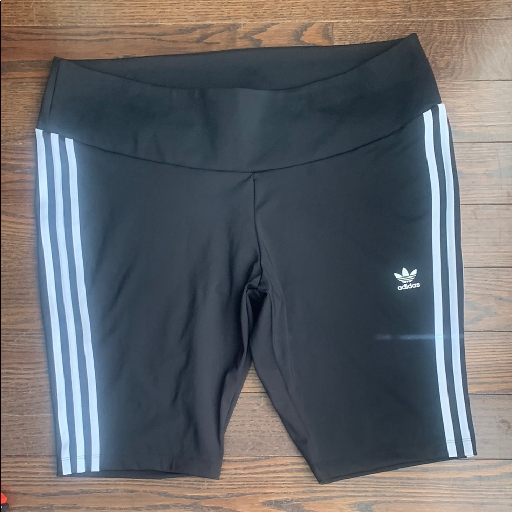 Adidas Black and White Bike Shorts with Signature Stripes plus size